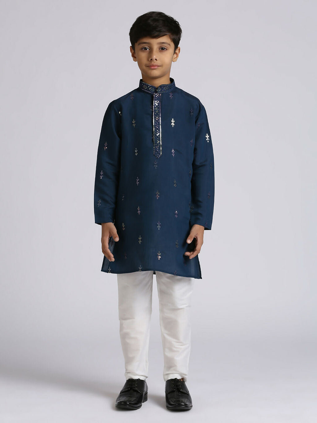 Boys Blue Silk Kurta Pyjama Set with Sequence Embroidery