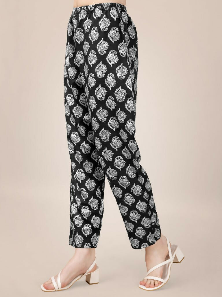 Women's Black Rayon Printed Kurta Set with Embroidery & Lace