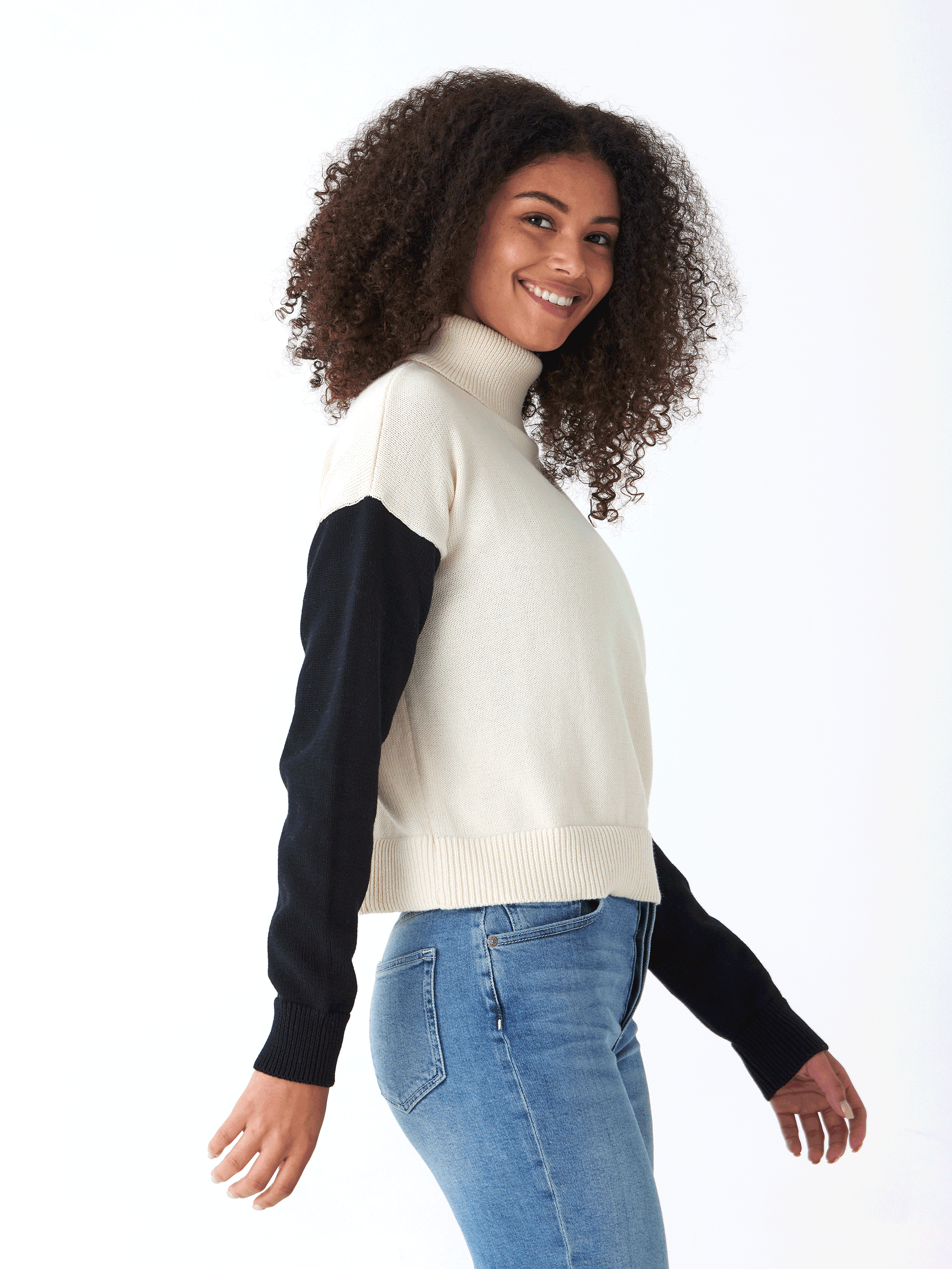 Off-White and Black Colorblock Turtleneck Knit Sweater