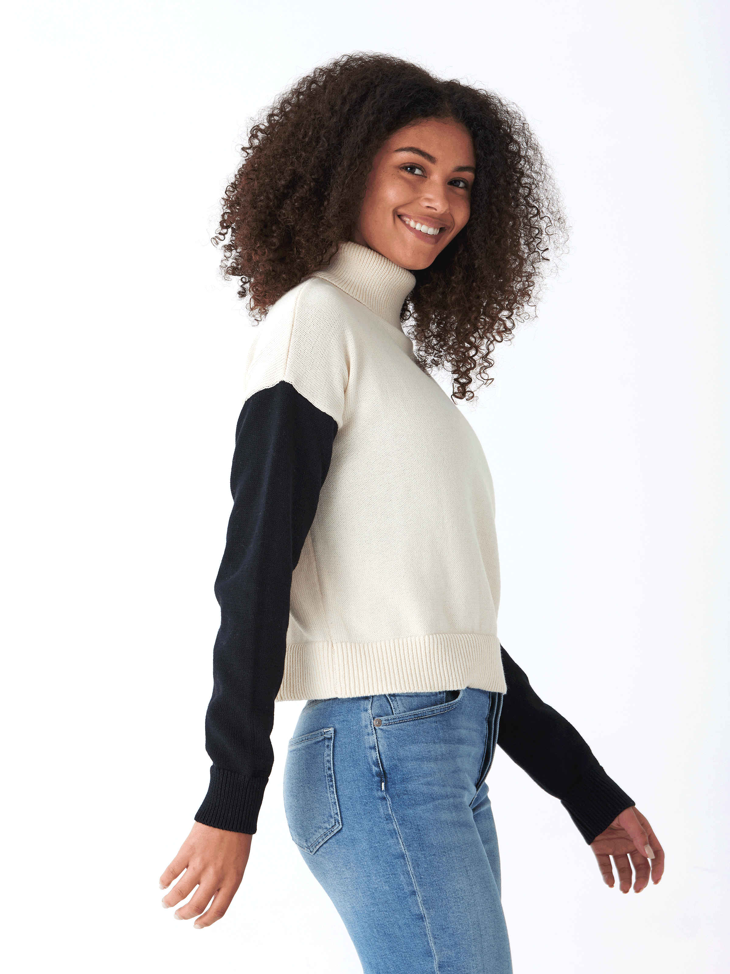 Off-White and Black Colorblock Turtleneck Knit Sweater