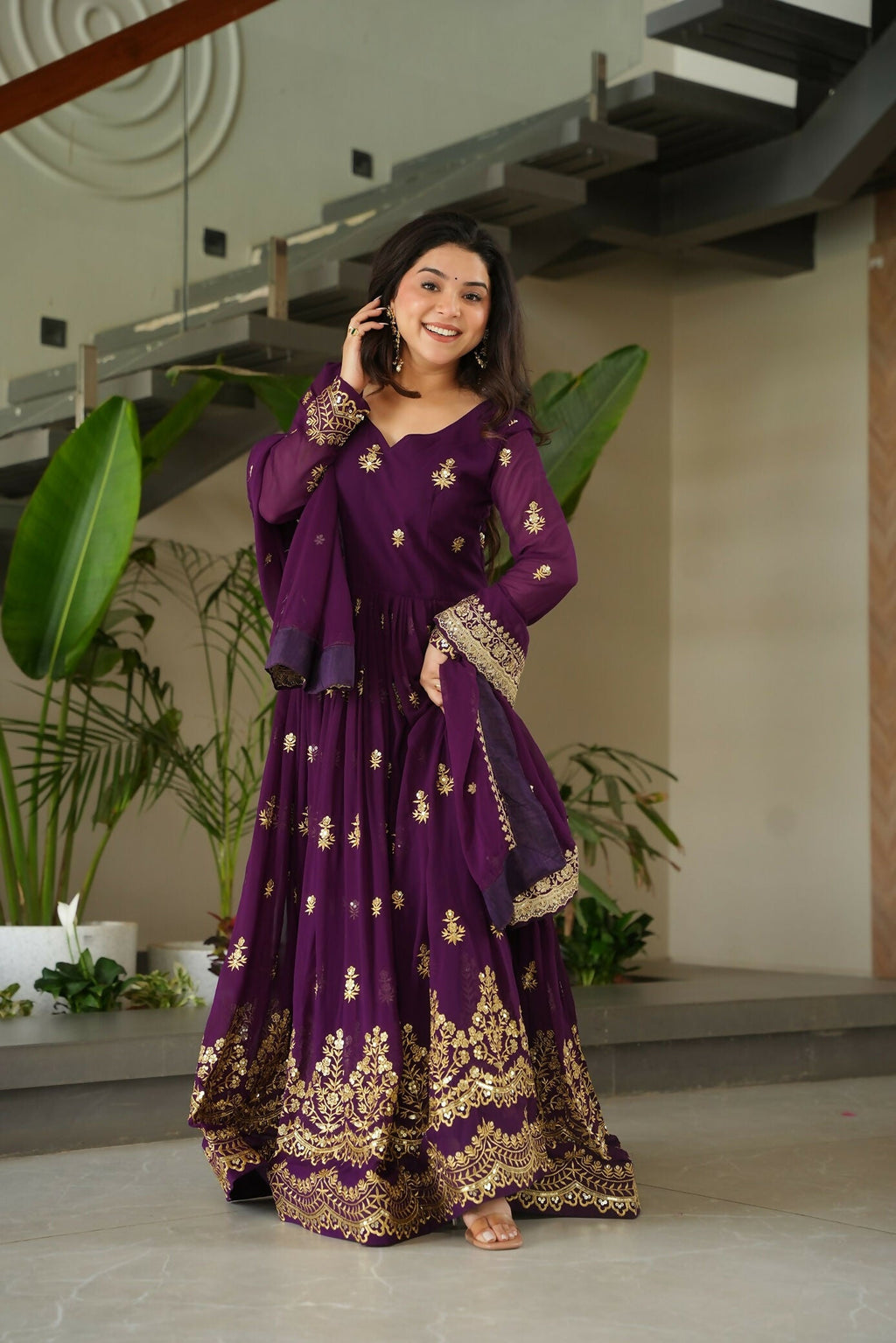 Joban Fashion Purple Georgette Sequence Embroidery Work Kurta Set