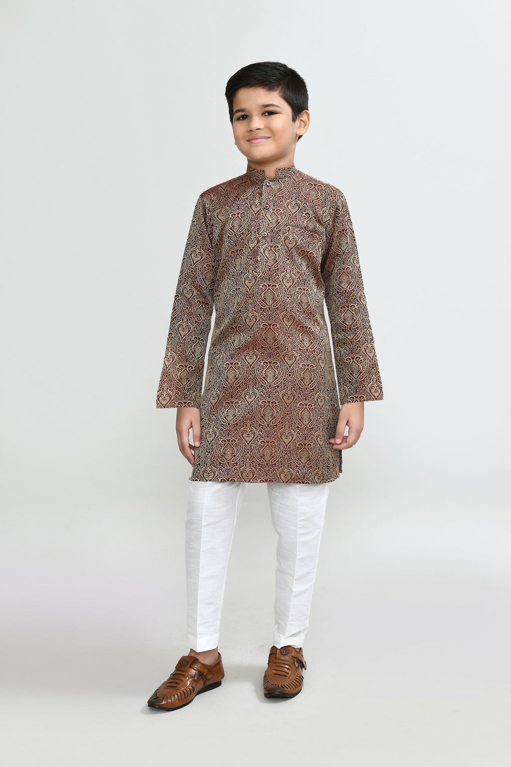 Maroon imported jacquard kurta with crisp white straight-fit pants for men
