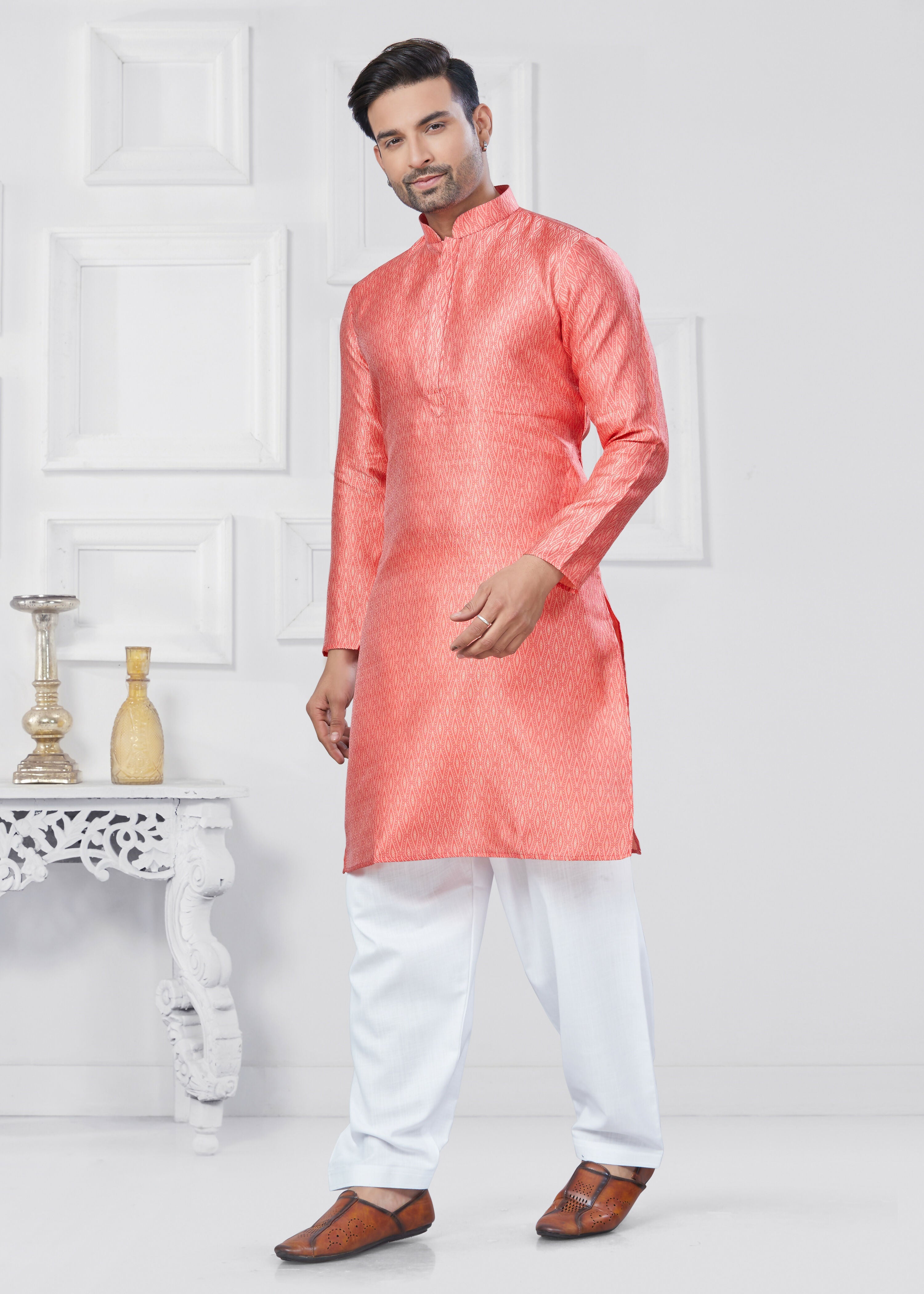 Boys Pink Jacquard Silk Printed Kurta Pyjama Ethnic Set