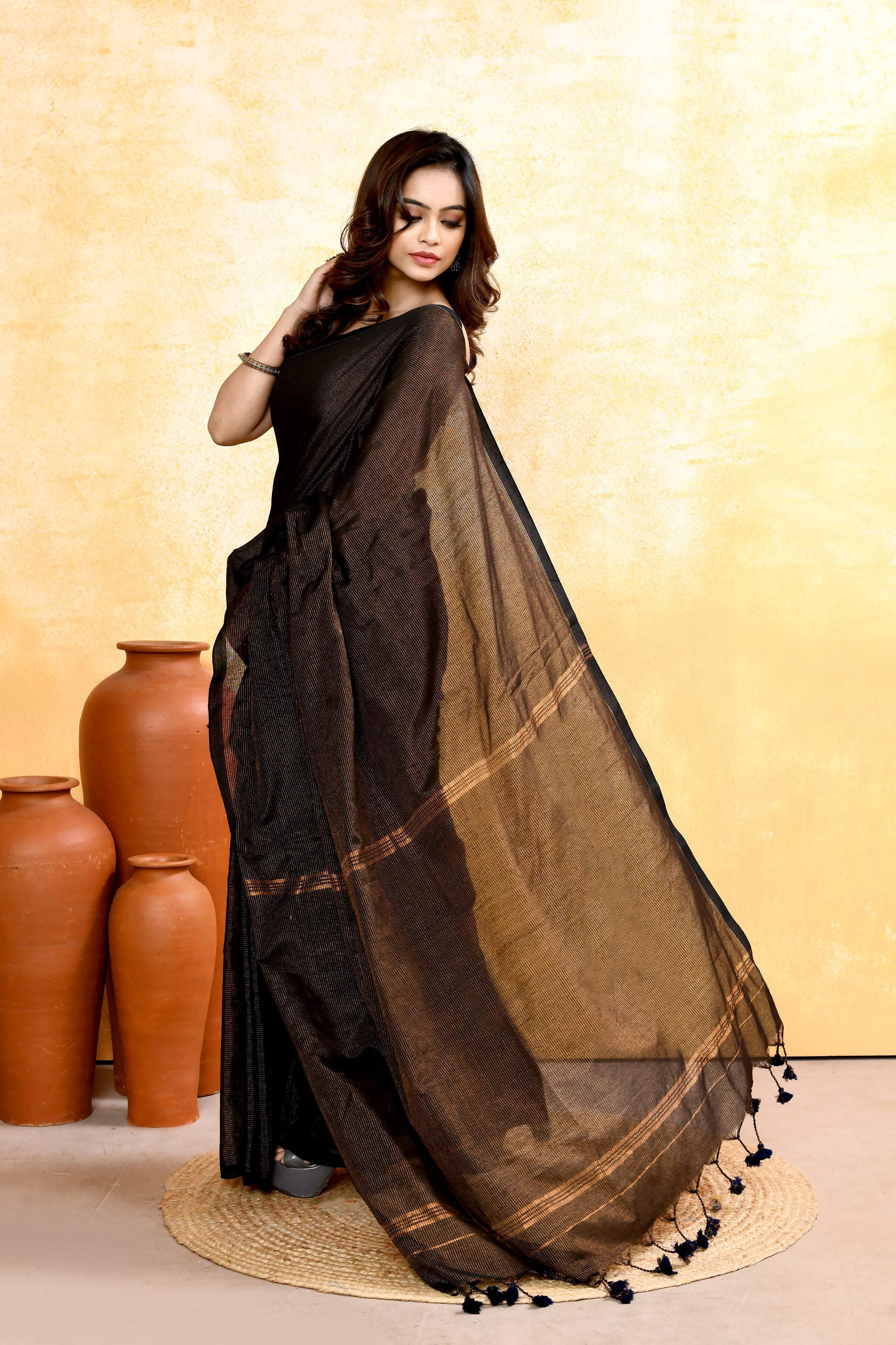 Black Embellished Cotton Blend Zari Check Handloom Saree