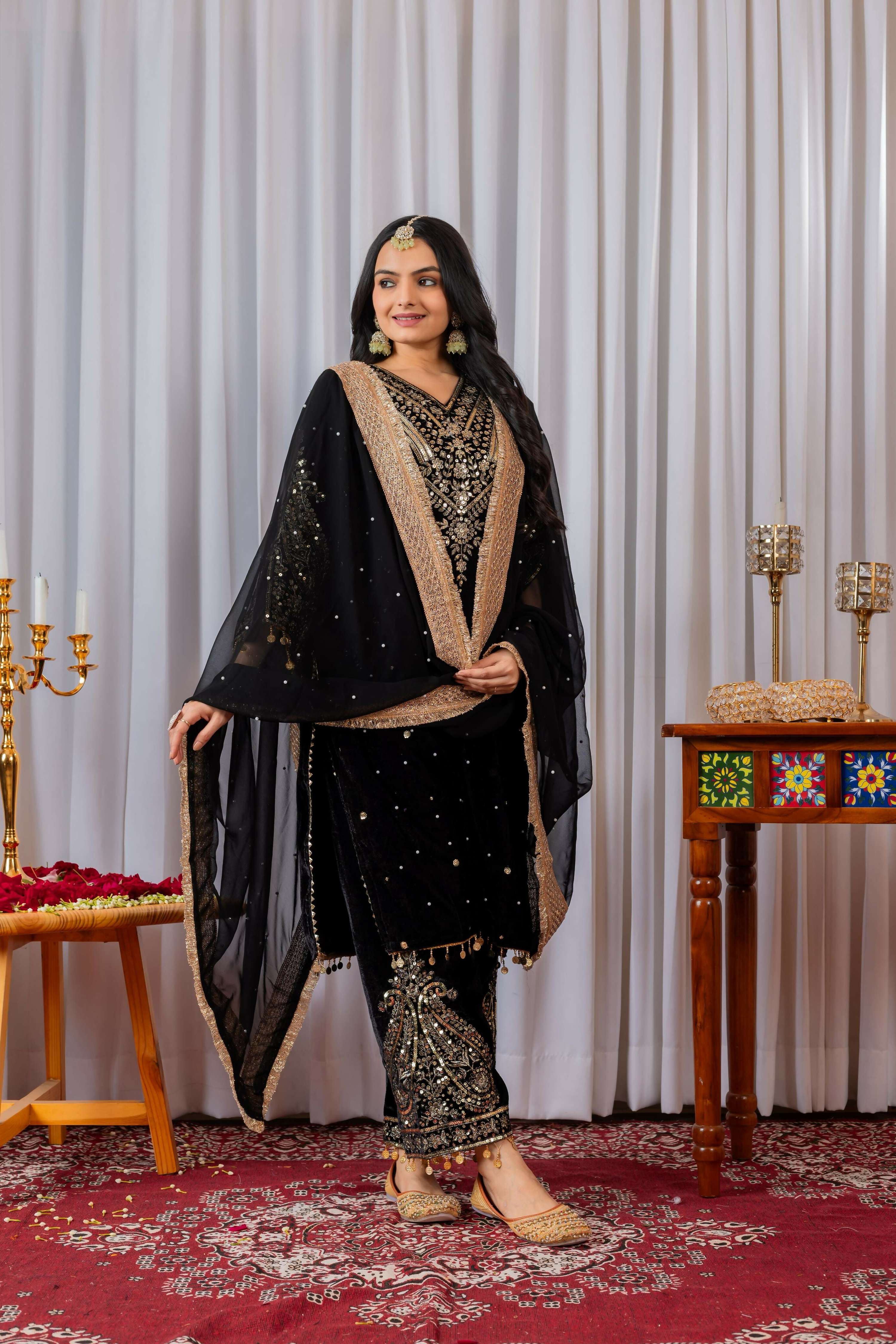 Joban Fashion Black Velvet Embroidery Kurta Set