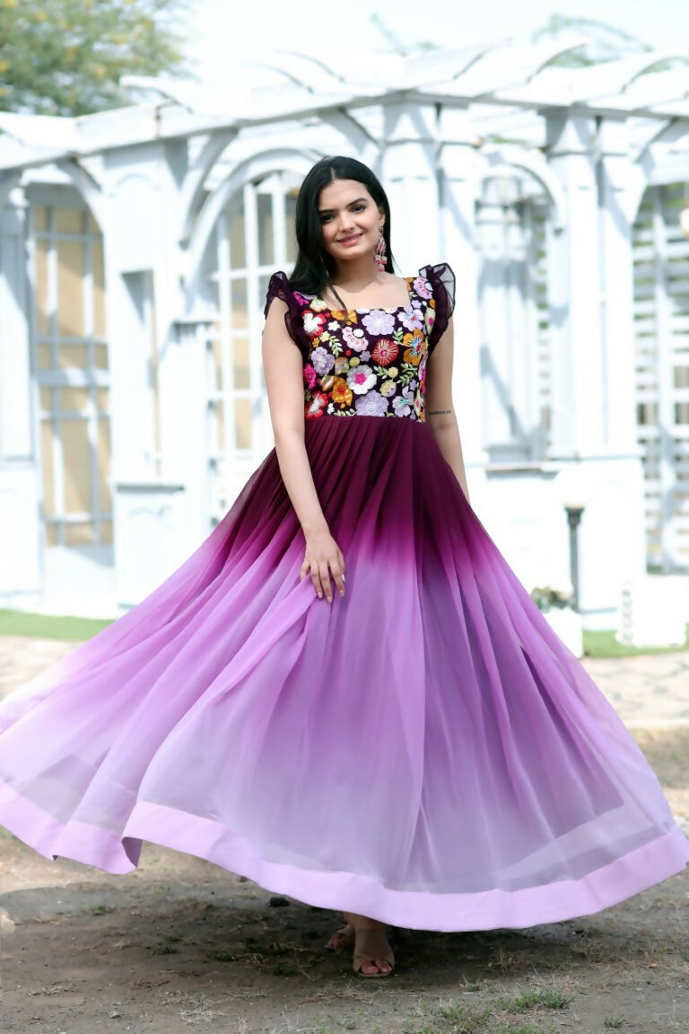 Wine Sequins Embroidery Faux Blooming Floor Length Anarkali Dress