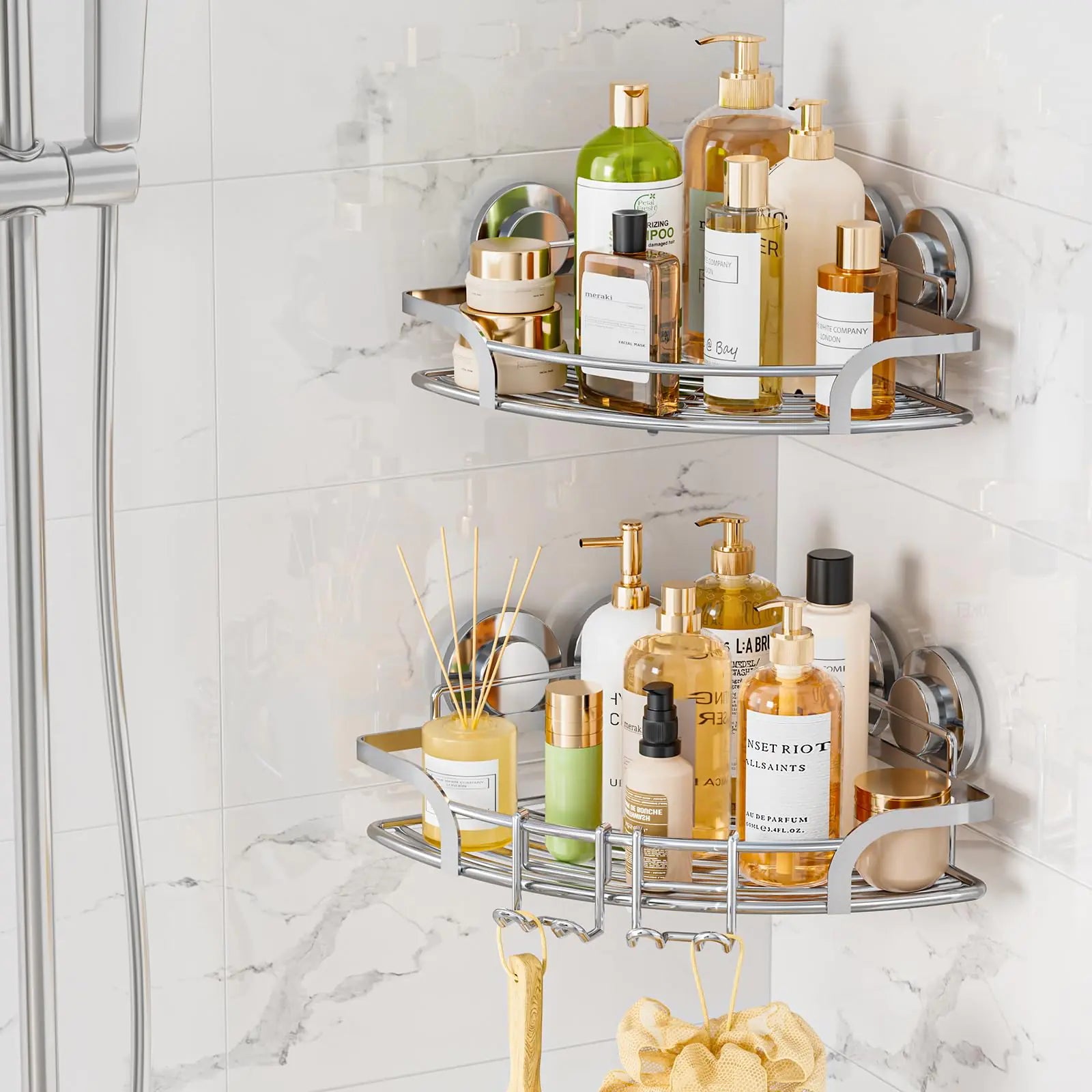 LEVERLOC Suction Cup Shower Corner Caddy 2 Pack Drill-Free Heavy Duty Shower Shelf with Hooks Wall Mounted Basket Organizer for Bathroom Removable Rustproof Stainless Steel Shower Rack Silver