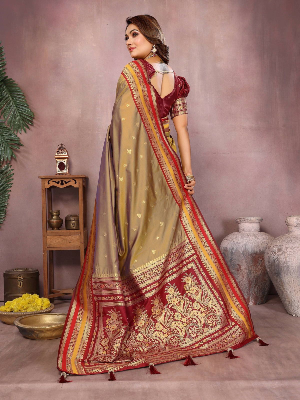 Khaki Kalamkari Silk Weaving Saree with Traditional Ethnic Design