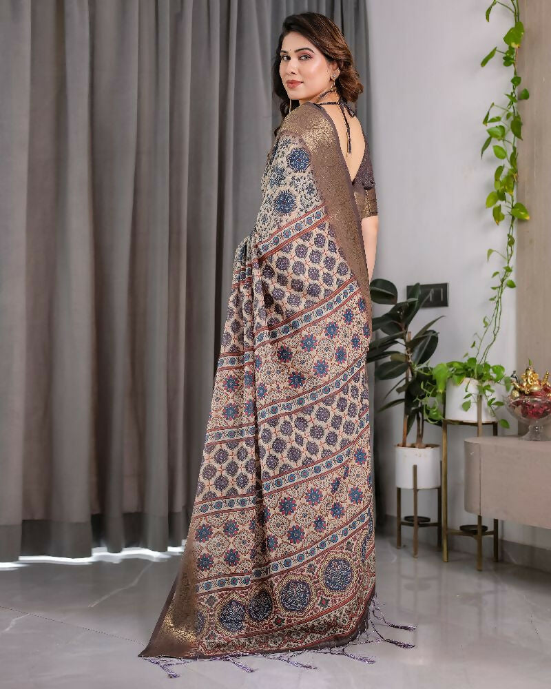 Grey Pure Handloom Linen Saree with Matching Blouse