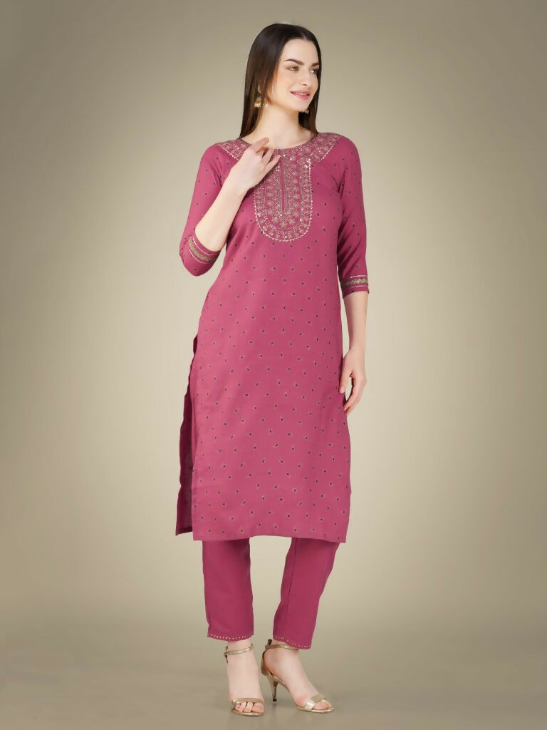Jyoti Fashion Women's Wine Cotton Magic Slub Embroidery & Sequence work Kurta with Trouser & Dupatta