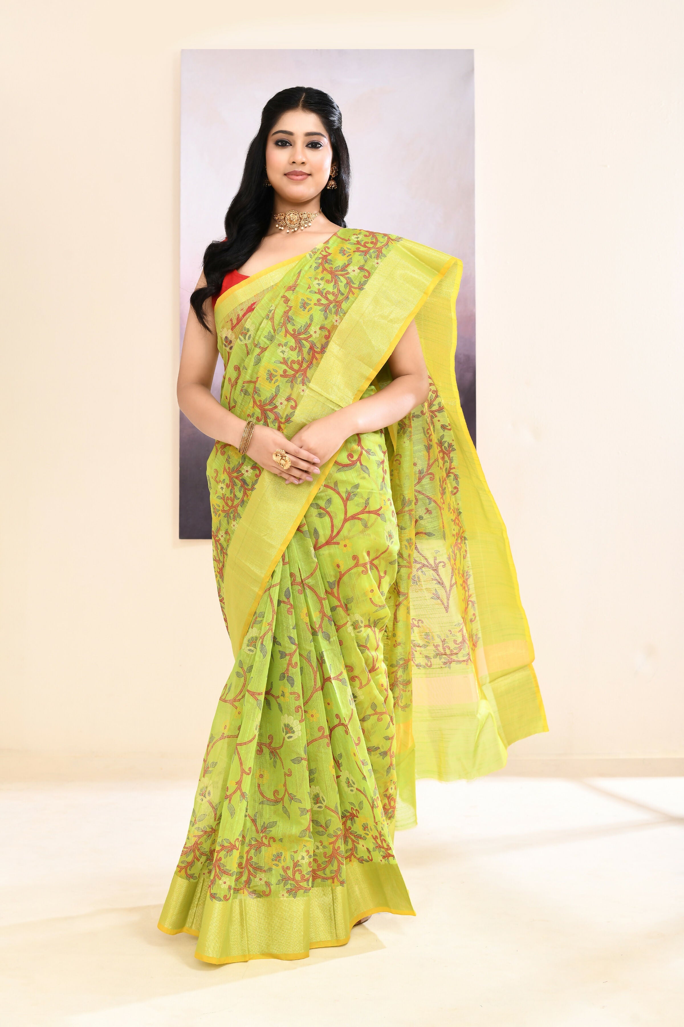 Olive Embellished Cotton Blend Printed Saree for Daily Wear