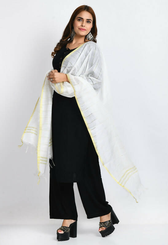 White Cotton Dupatta with Traditional Zari Box Detail