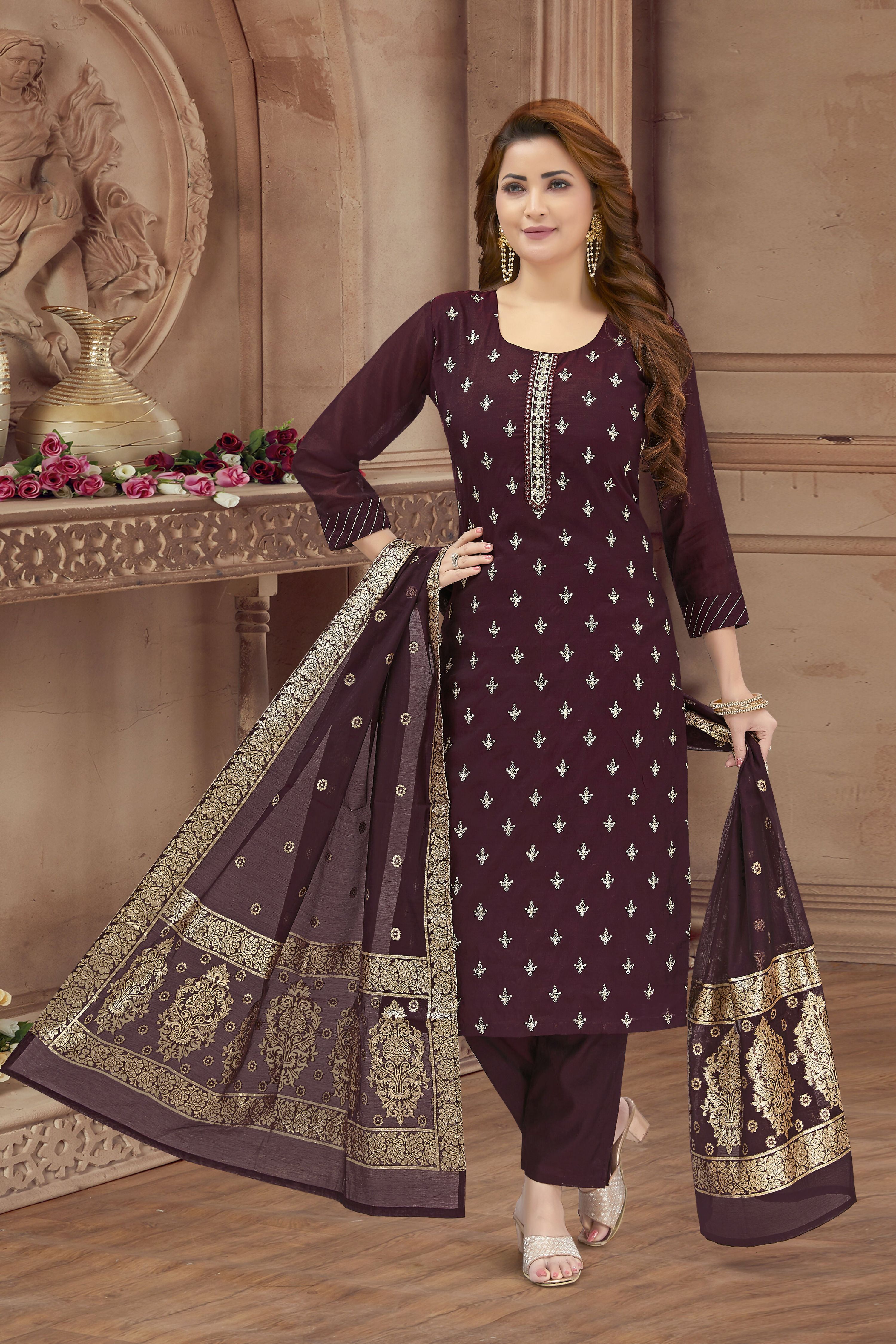 Joban Fashion Wine Soft Silk Thread Work Kurta Set