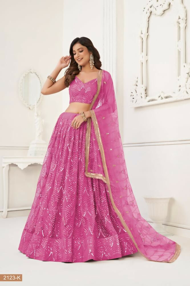 Pink Butterfly Net Wedding Lehenga Choli with Mirror Work