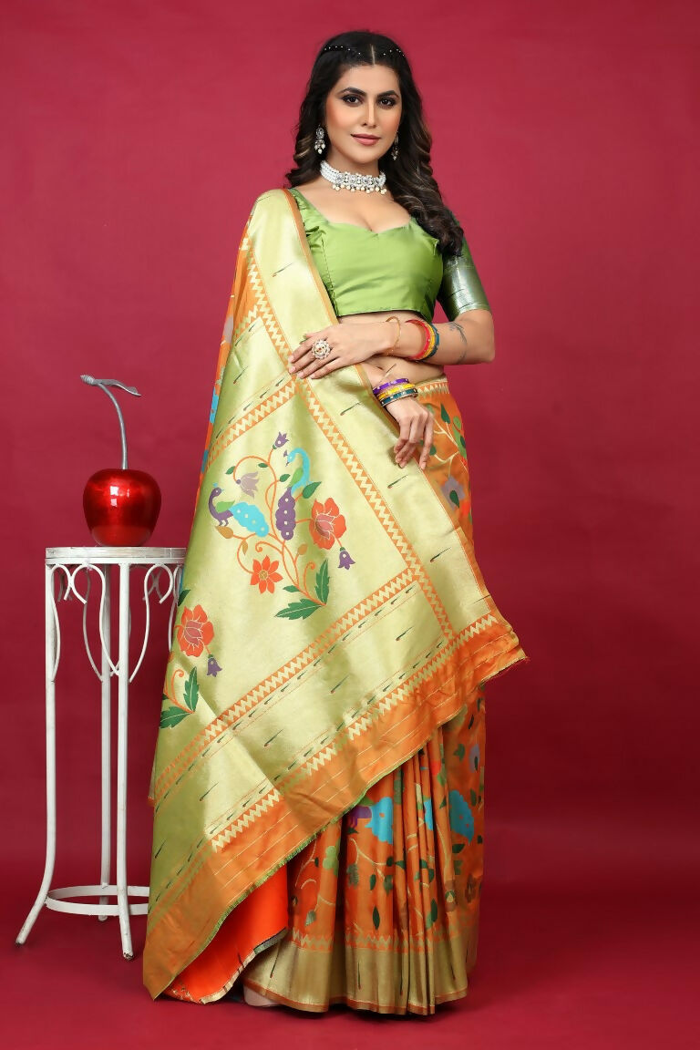 Orange Paithani Silk Saree with Zari Woven Pattern and Green Blouse