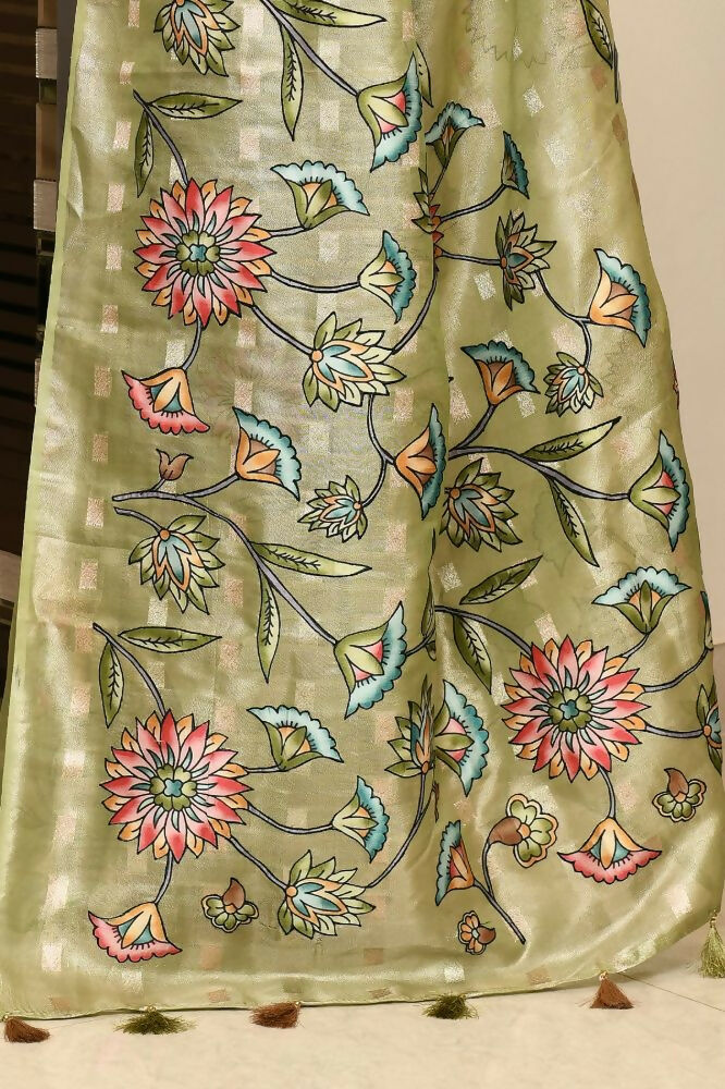Green Tissue Saree with Zari Buti and Contrast Blouse