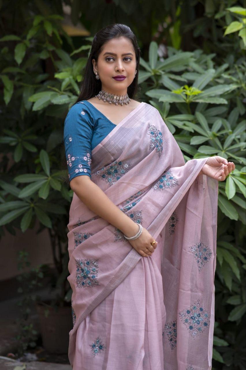 Mine Pure Linen Saree with Zari Weaving and Embroidered Blouse