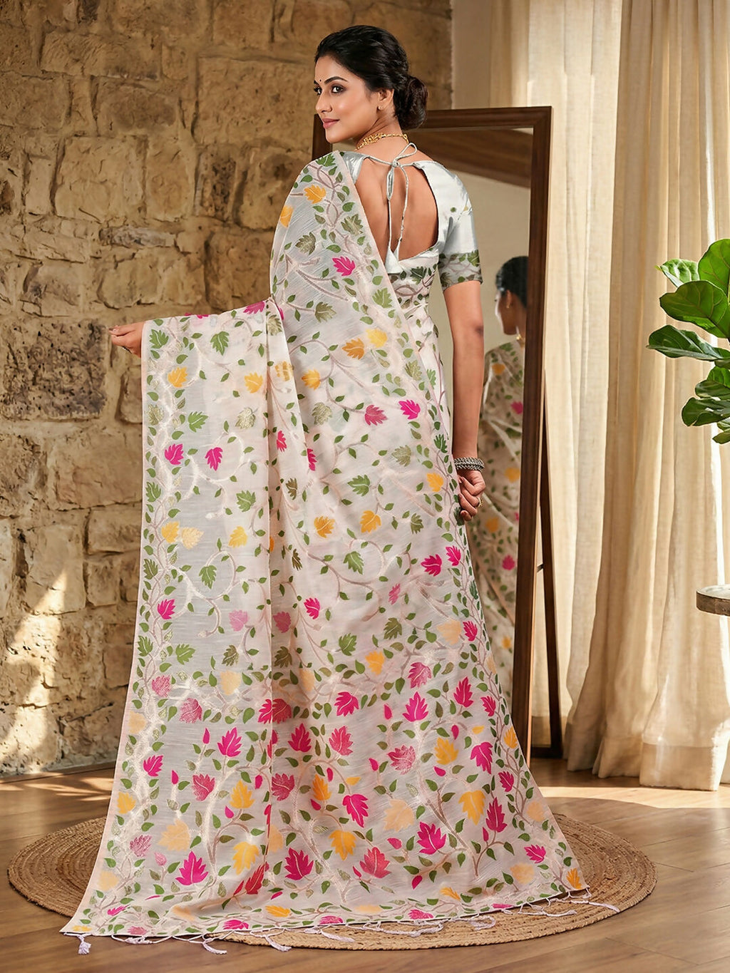 White Linen Cotton Saree with Matching Blouse Piece