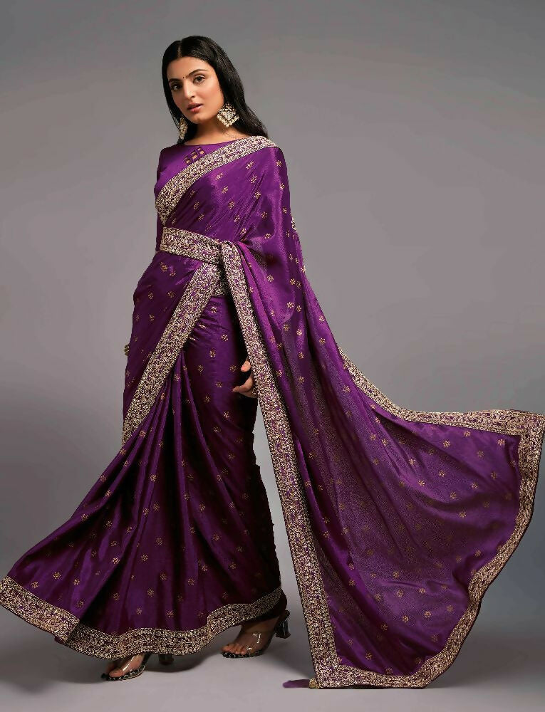 Wine Chinon Embroidered Lace Saree with Matching Blouse