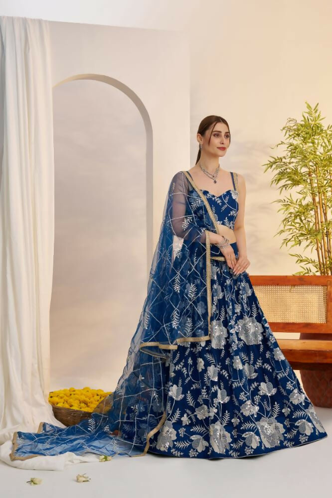 Peach Blue Butterfly Net Lehenga with White Thread & Sequence Work