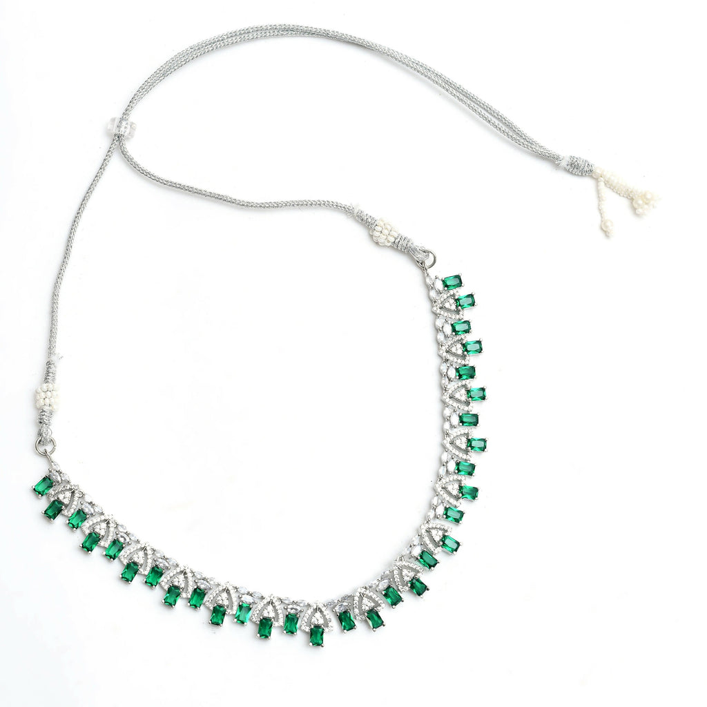 Silver-Plated American Diamond Green Choker Necklace Set