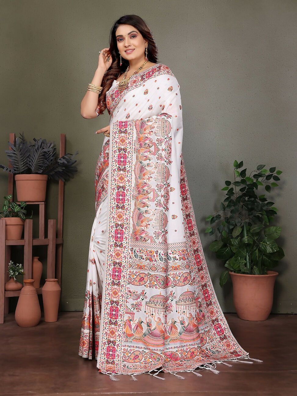 White Soft Silk Pashmina Saree with Thread Weave Detailing