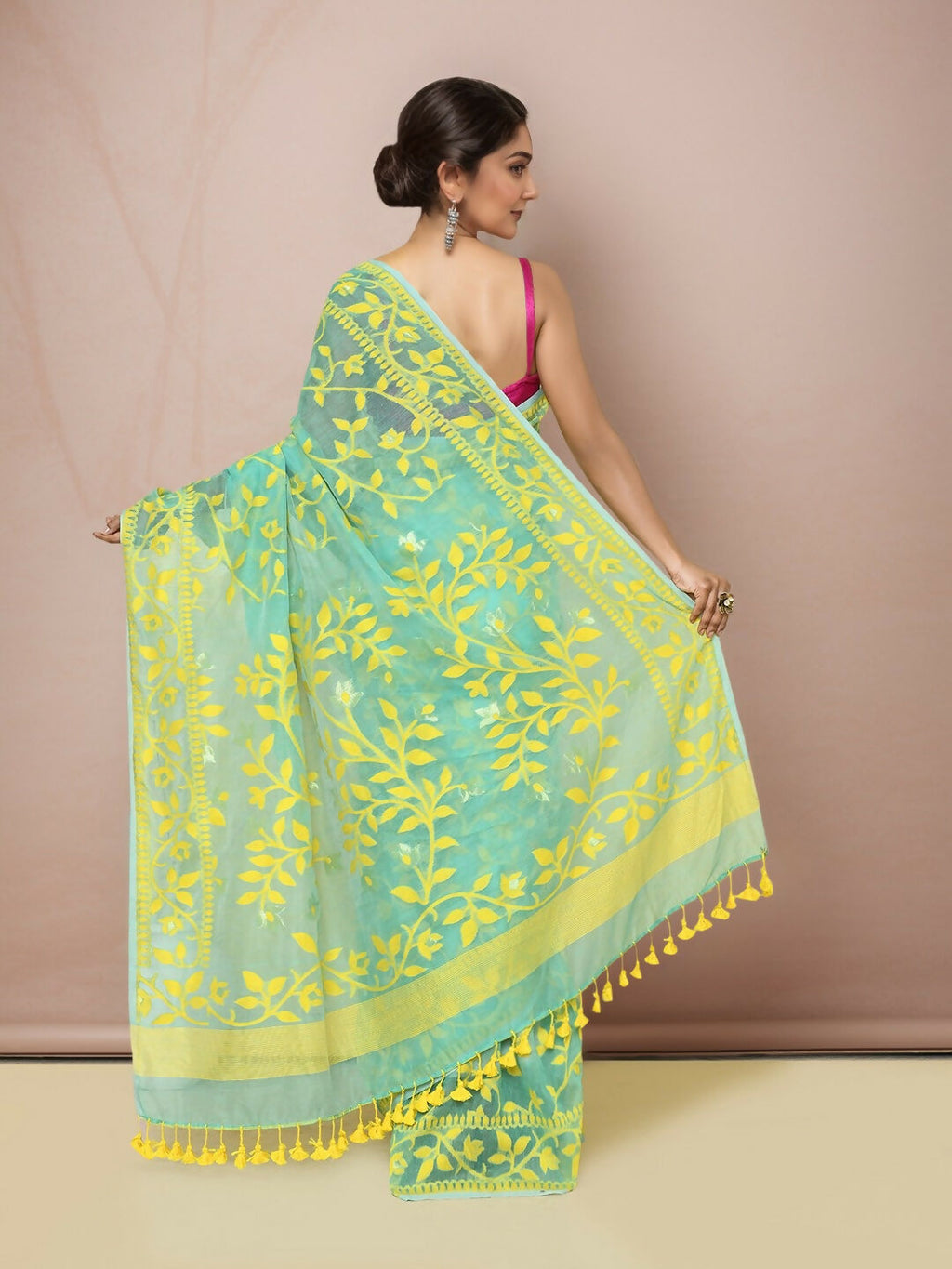 Light Green Cotton Blend Jamdani Saree for Ethnic Wear