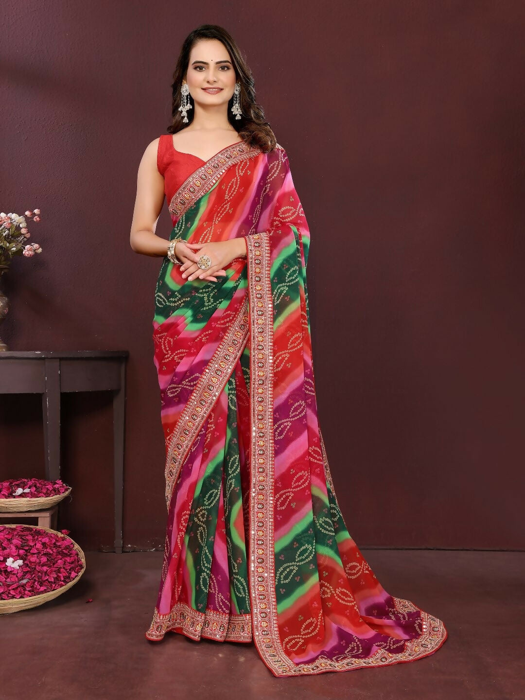 Multi Georgette Digital Print Festive Party Wear Saree