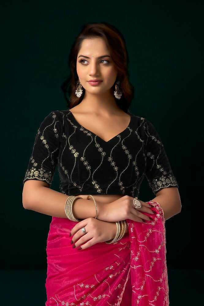 Rani Pink Net Party Saree with Black Velvet Blouse