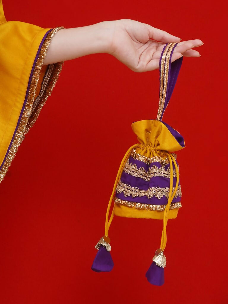 Yellow Kaftaan Set with Inner and Potli Bag - Bohemian Party Wear