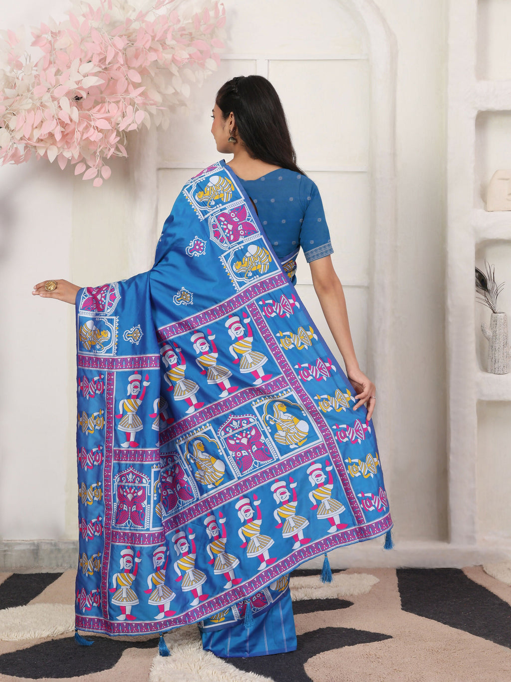 Silk Blend Blue Saree with Matching Blouse Fabric