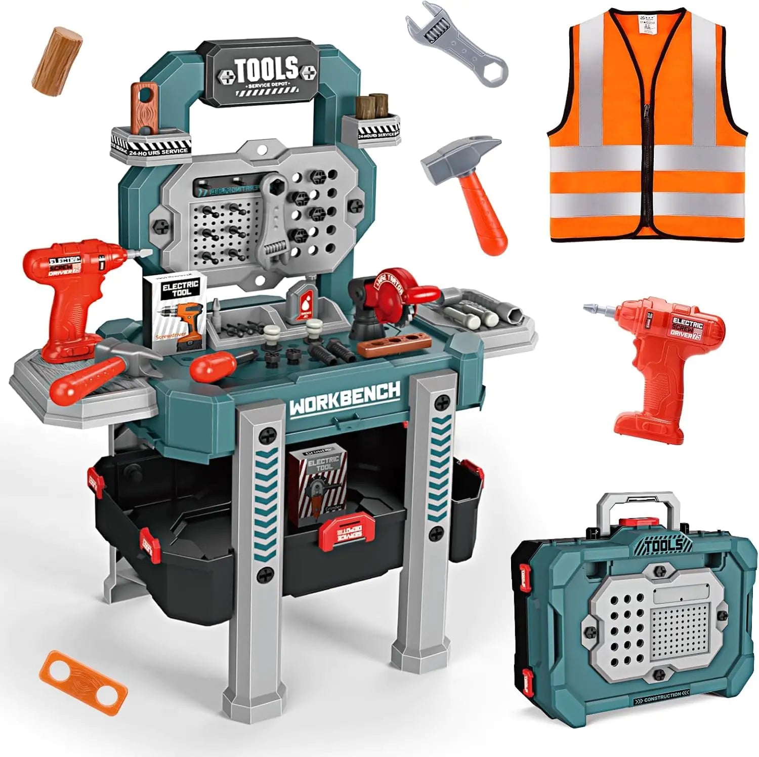 Jovow Kids Tool Bench with Realistic Tools and Electric Drill Suitable for 3-5 Year Olds to Build Their Own Toy Workbench 79 Pcs Realistic Toy Tools with Clothes 32 x 26.6 x 14.4 in-Green