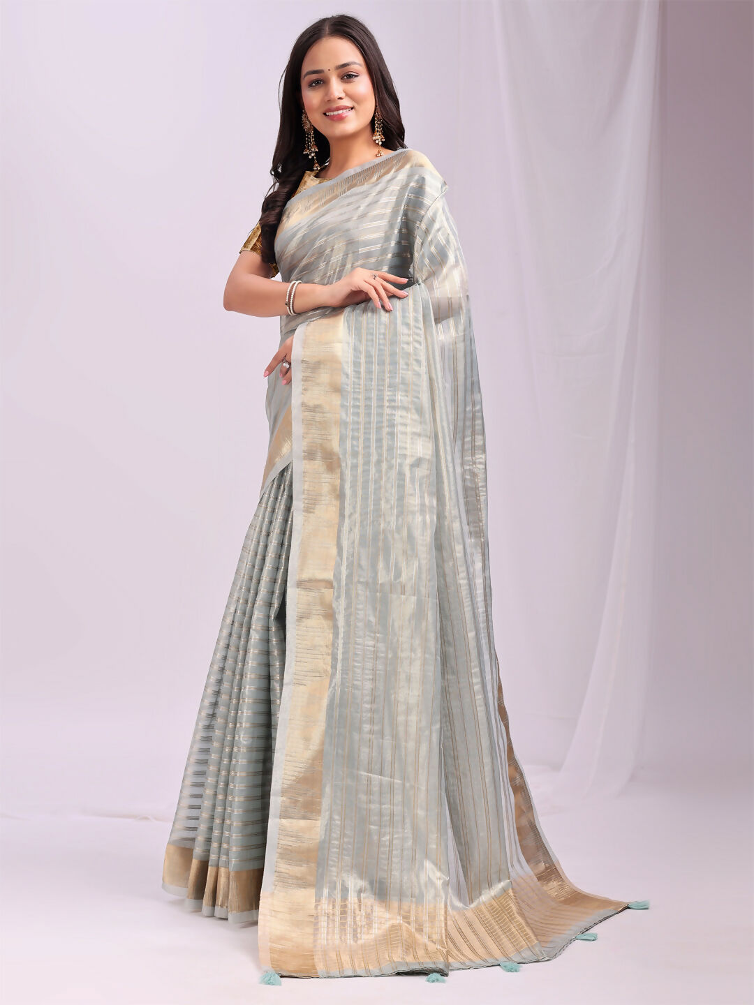 Sky blue organza saree with matching blouse, featuring a sheer and elegant drape.