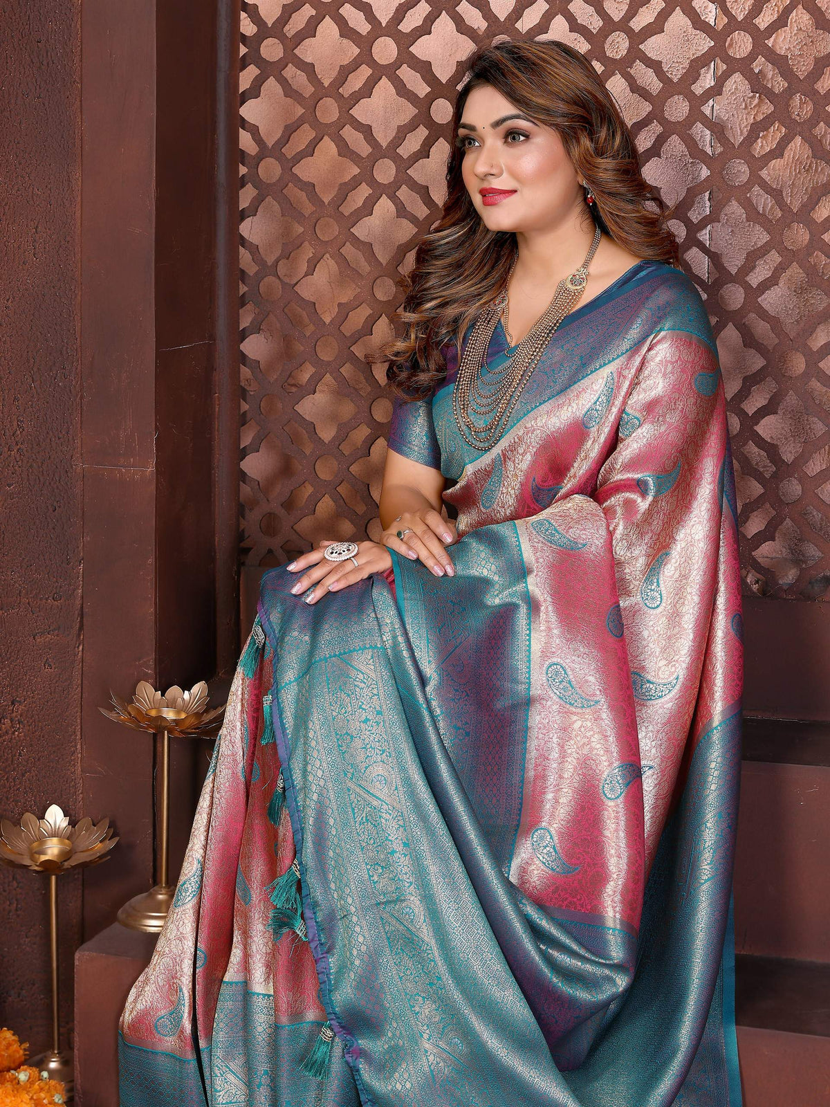Magenta Tissue Silk Saree with Intricate Traditional Weaving