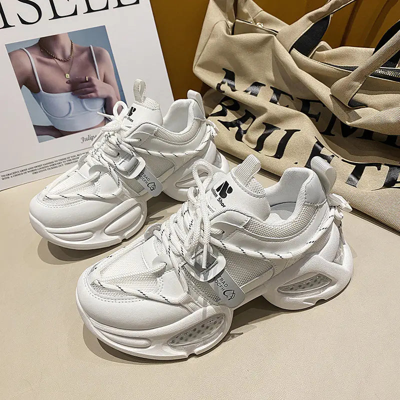 Women's Thick-Soled Chunky Sneakers Beige Sports Shoes - Image 6