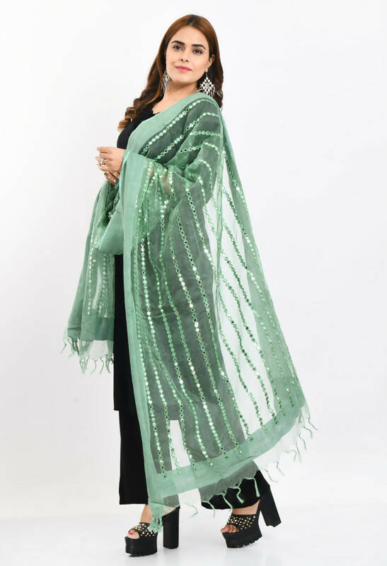 Pista Green Organza Dupatta with Mirror Stripe Thread Work