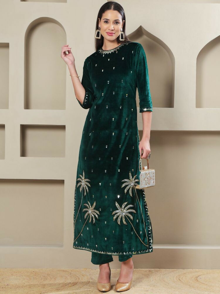 Women's Green Velvet Hand Embellishment Stitched Kurta Pant Set