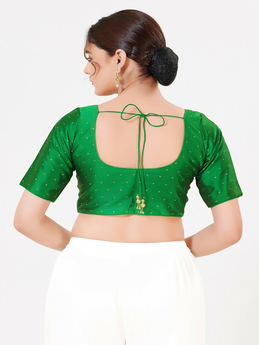 Joban Fashion Green Taffeta Silk Elbow Sleeveless Front Open Blouse