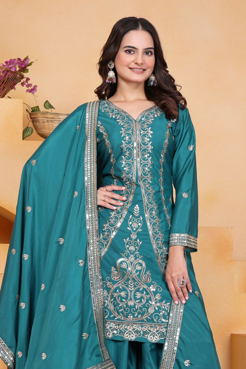 Teal Crepe Embroidered Sharara Set with Kurti