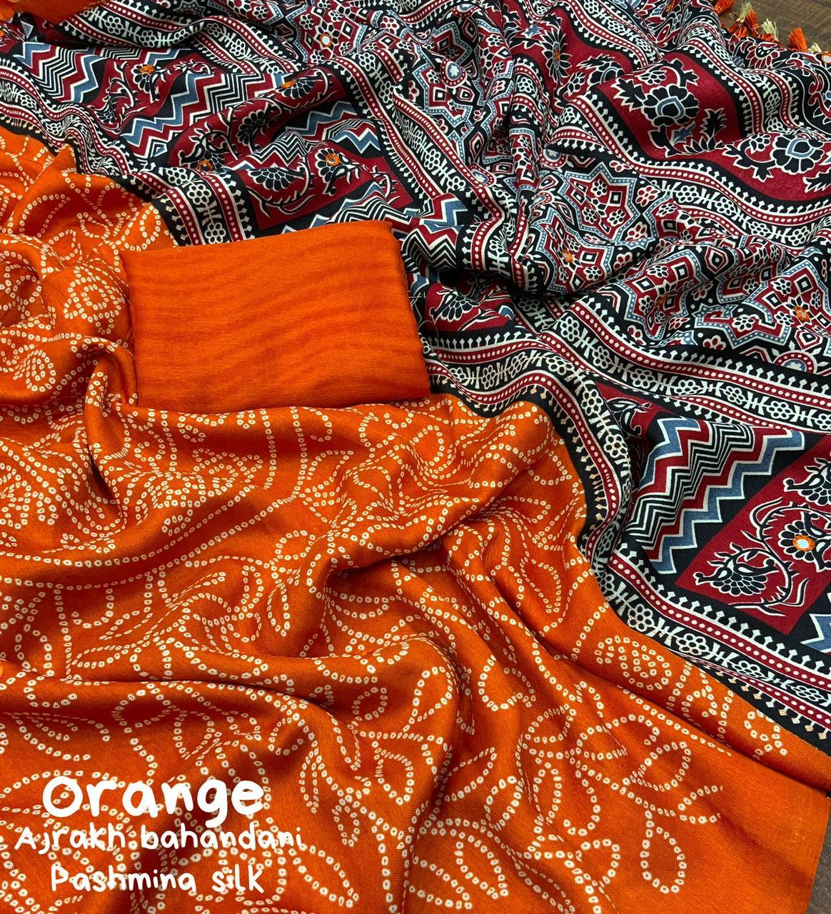 Orange Silk Blend Ajrak Saree with Unstitched Blouse
