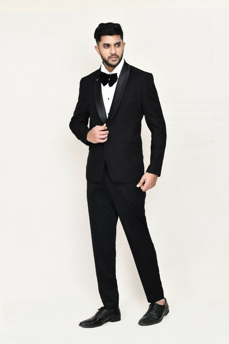 Black Satin Silk Coat Suit Set with Shirt and Bow Tie