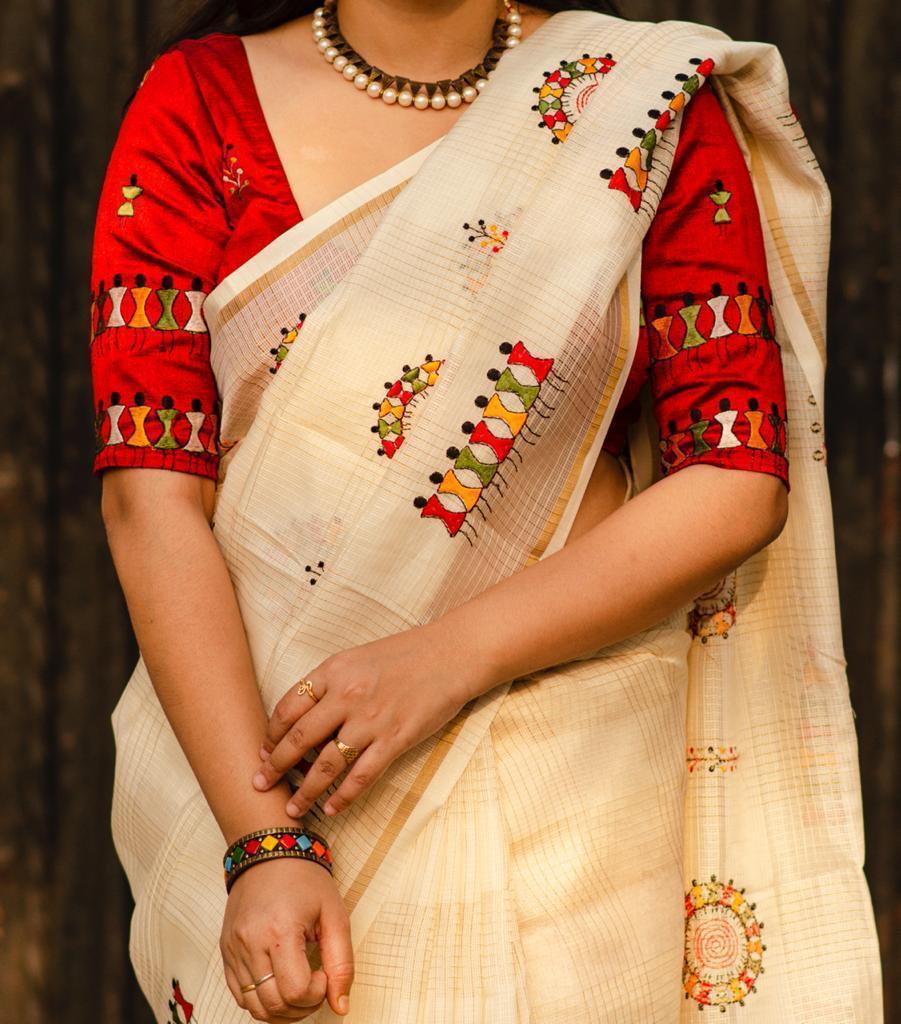 Cream Cotton Blend Warli Saree with Mulberry Silk Blouse