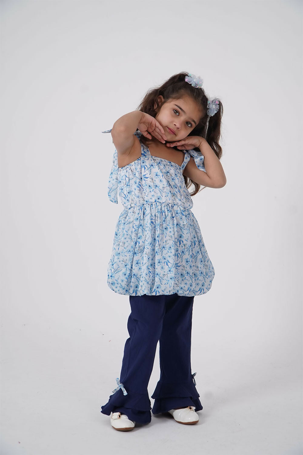 Girls Blue Floral Balloon Top and Flared Trouser Set