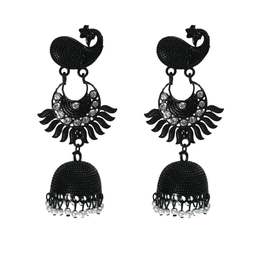 Black Johar Kamal peacock design jhumka earrings with bead details