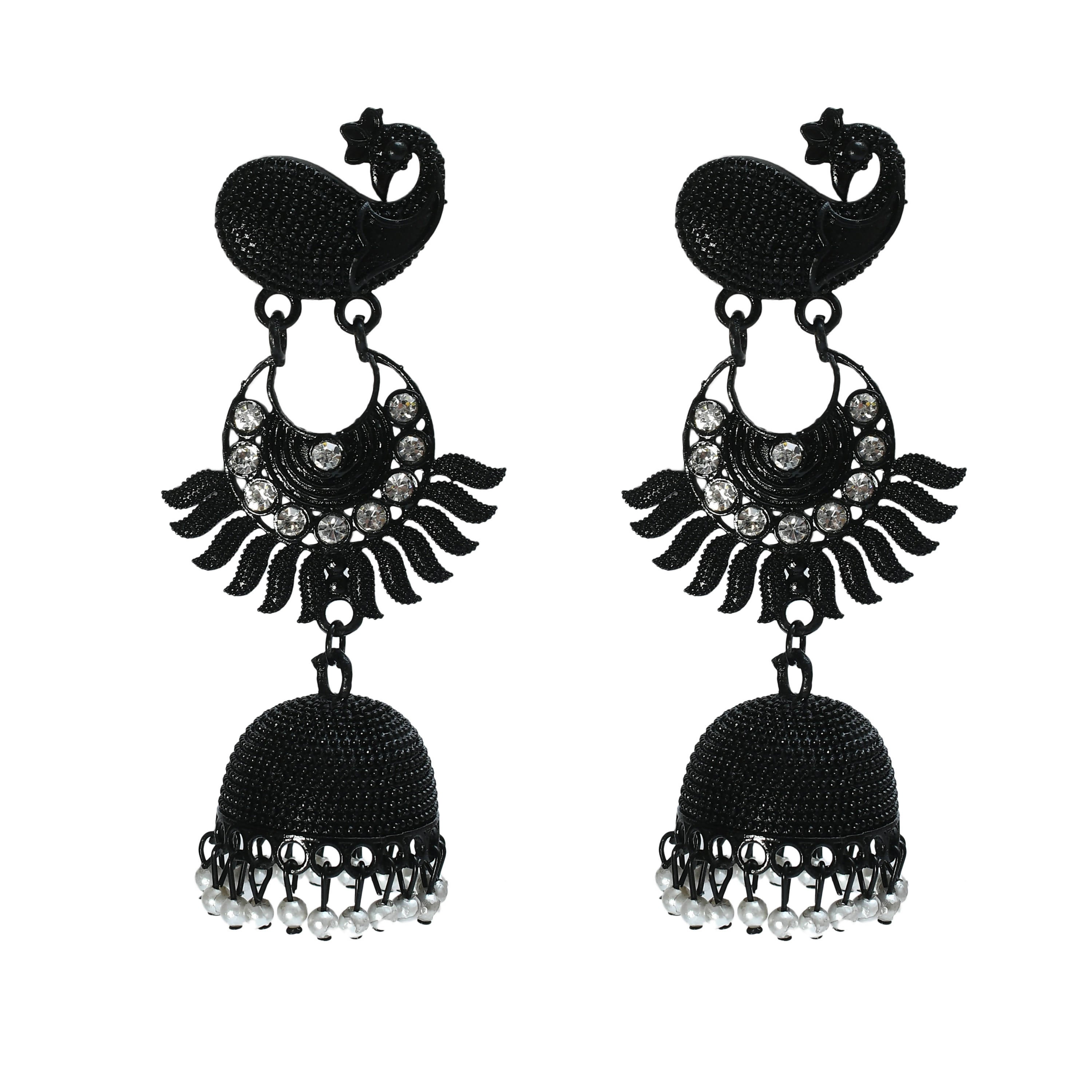 Black Johar Kamal peacock design jhumka earrings with bead details