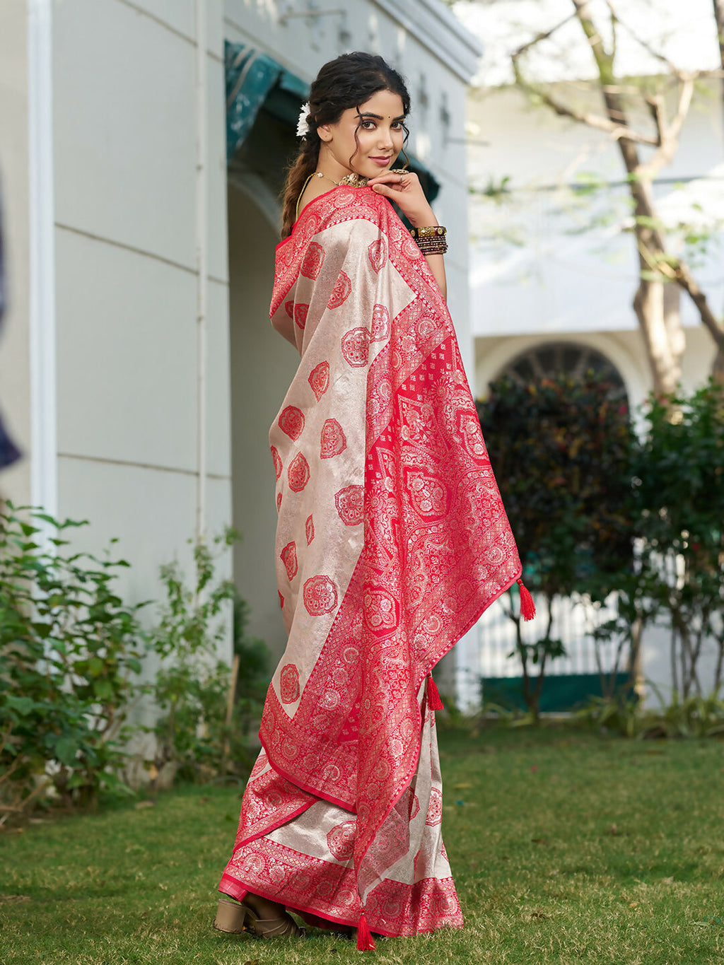 Cream and Red Silk Blend Saree with Matching Blouse