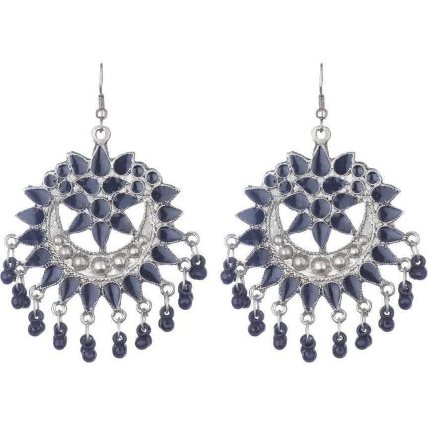 A pair of silver oxidized alloy Chandbali earrings with black beads and stone embellishments.