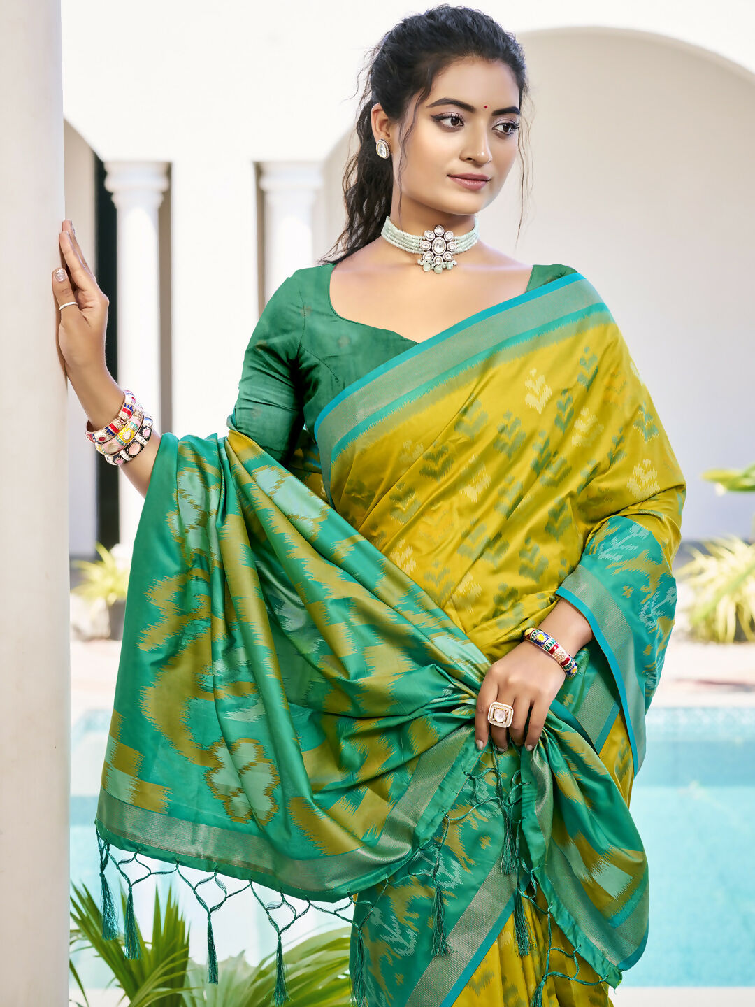 Shree Shyam Fashion Pochampalli Silk Mustrad Yellow Saree