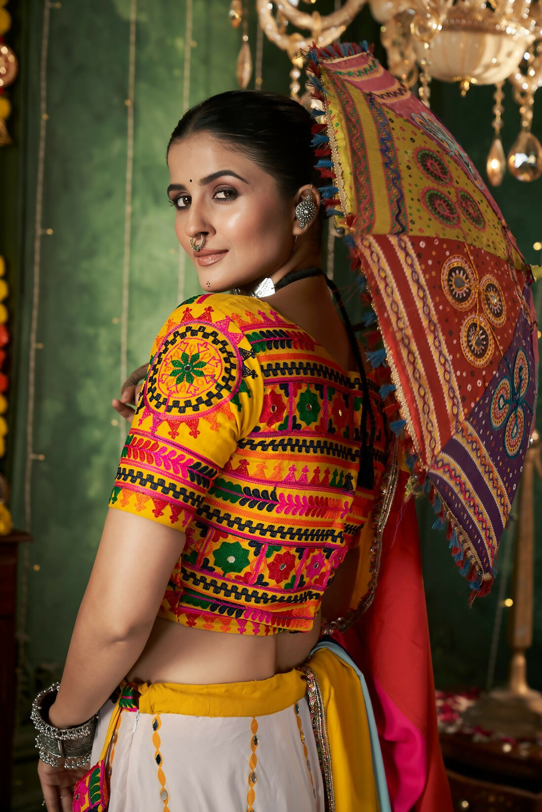 White Maslin Cotton Navratri Lehenga Choli with Yellow Blouse