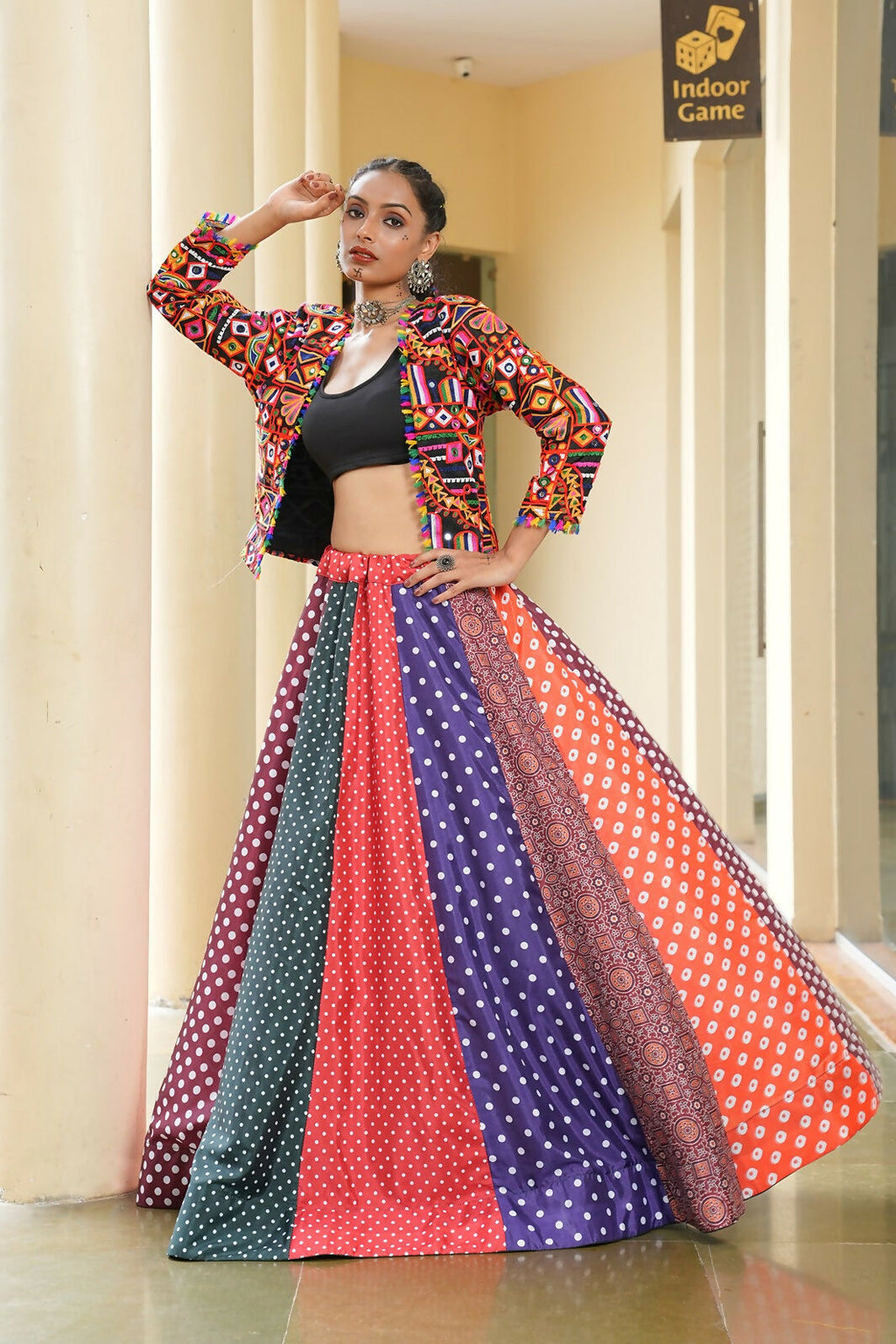 Multi Silk Crepe Lehenga Choli Set for Navratri Bohemian Fusion
